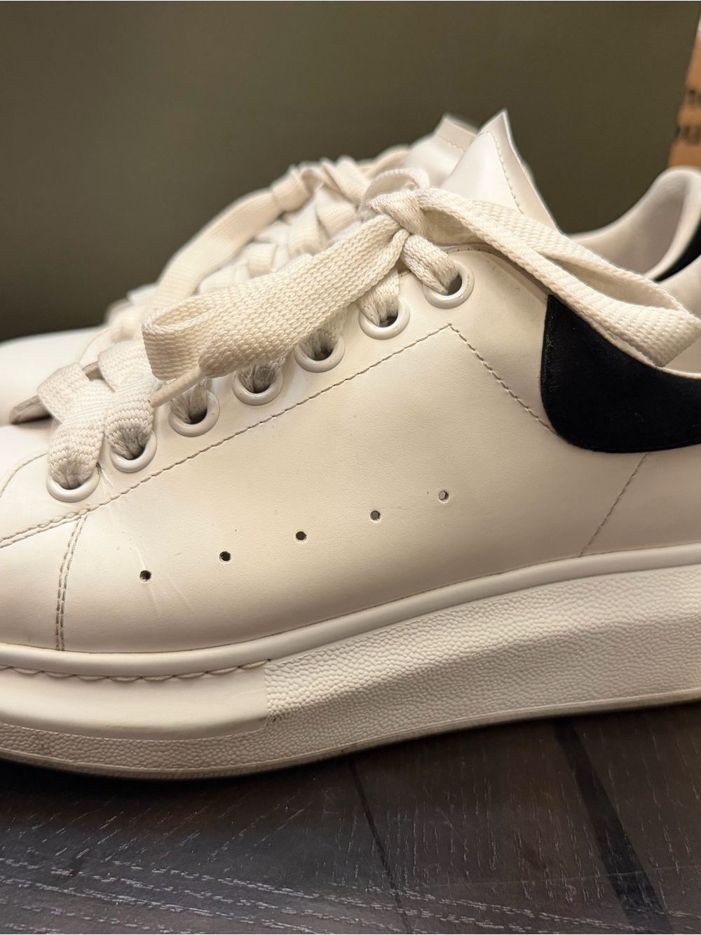 Alexander McQueen White Leather Oversized Sneakers with Black Heel Tab - Picture 3 of 13